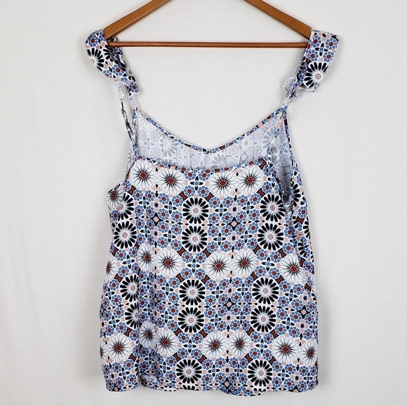 EUC ModCloth Blue Floral Ruffle Strap Cami Top Kaleidoscope Print Size 1X - Picture 3 of 8